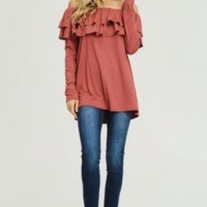 Long sleeve cold shoulder with ruffles along chest